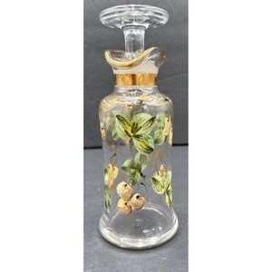 Vtg Glass Decanter Bottle Perfume Gilded Gold Grapes Lid Stopper Signed D